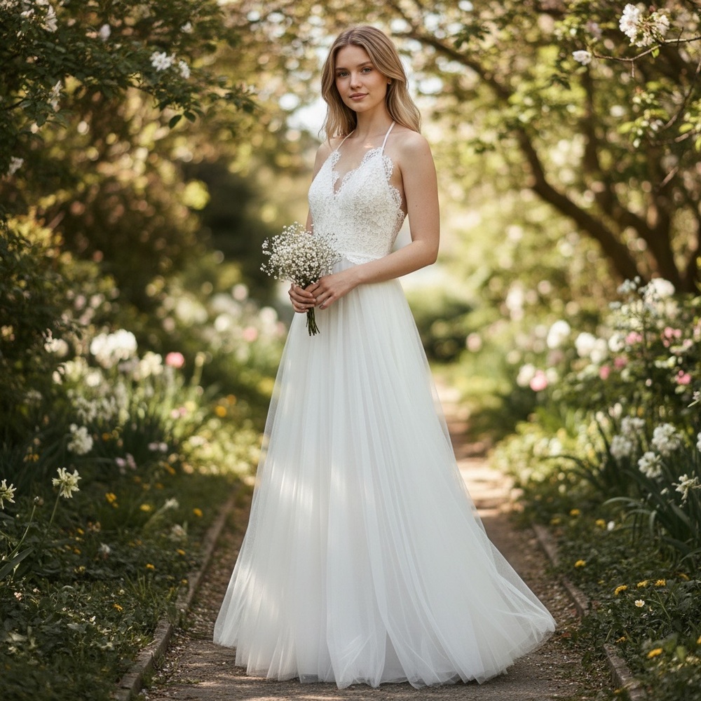 Lovers + Friends Floral Lace Wedding Gown with Flowy Tulle Skirt‎ Boho Romantic